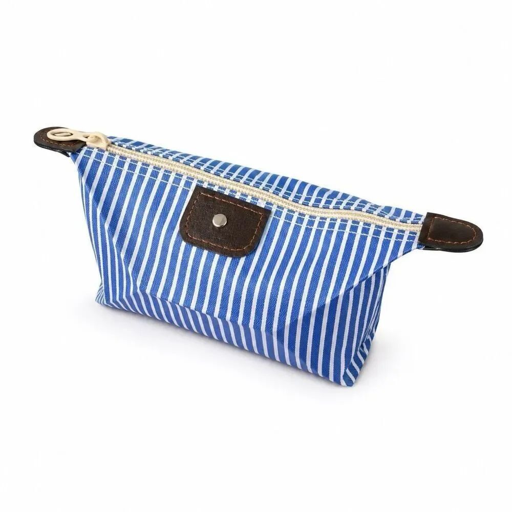 Blue White Striped Zippered School Supplies - Canvas Pouch Pencil Case